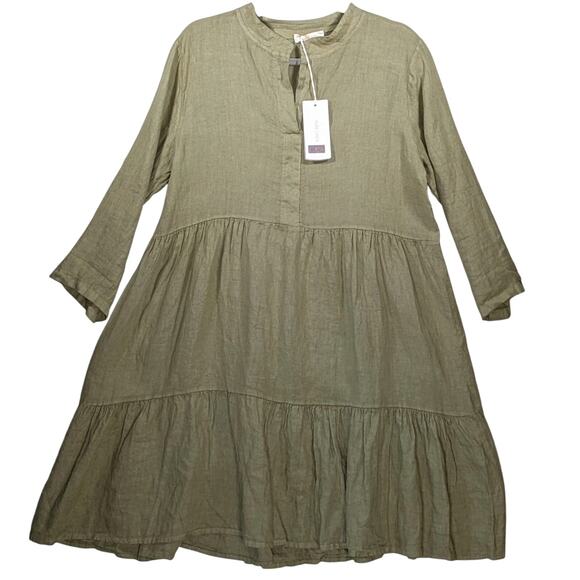 NWT Bellambra Italy Linen Dress M Olive Babydoll Tiered Roll Tab Oversized - Picture 2 of 15